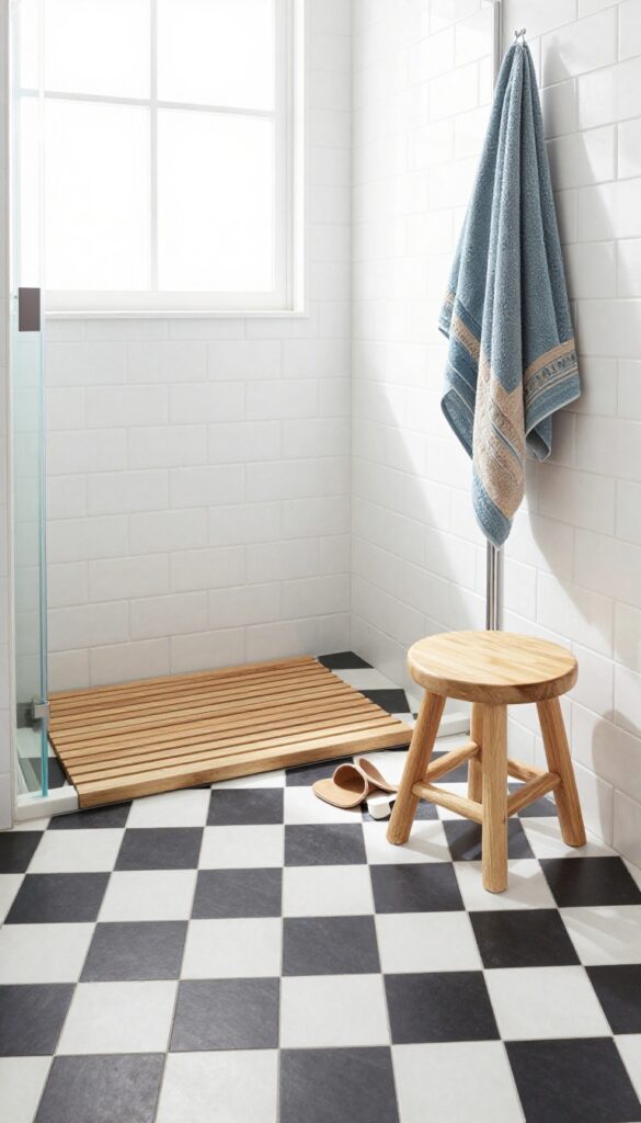 Shower with black and white checkerboard floor tiles, white subway tile walls, teak mat and stool, bright natural light.