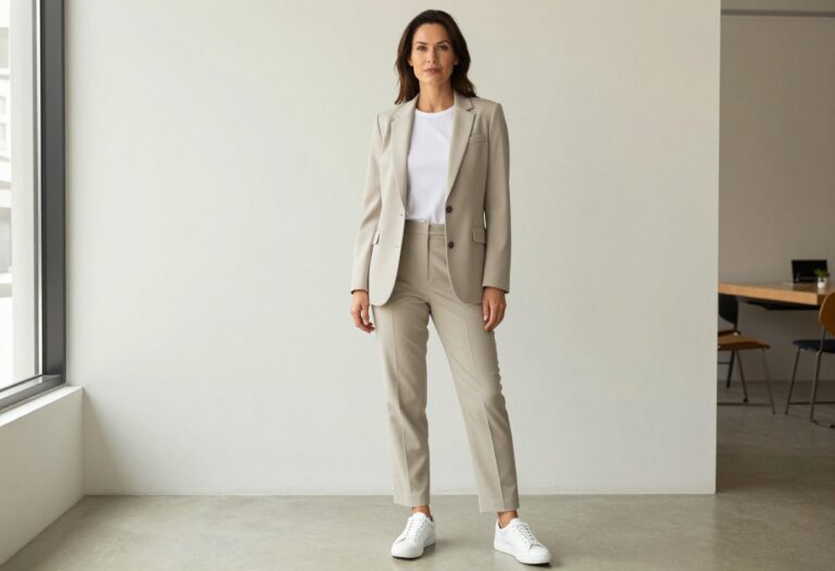 Woman in beige blazer, straight-leg trousers, and white sneakers standing in a bright, minimalist room, embodying polished business casual style.