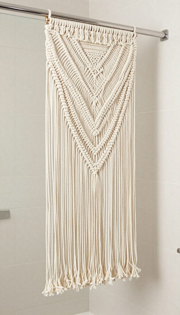 A hanging macramé or textile art piece above a shower surround in a bright bathroom with natural light, adding bohemian softness and texture to the space.