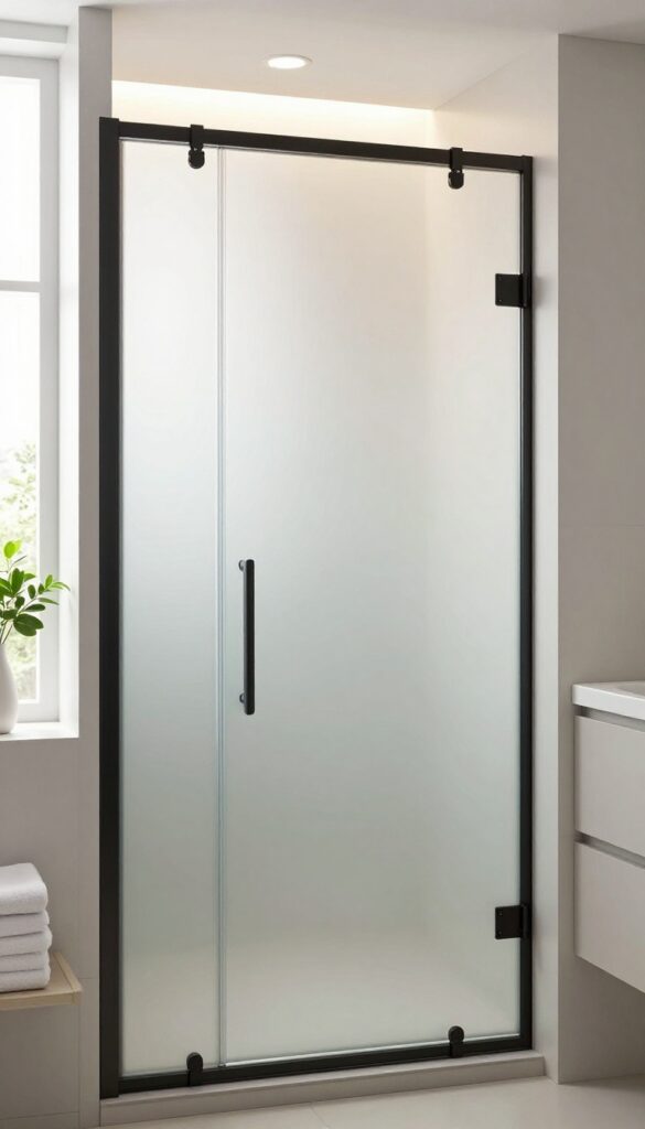 A gradient frosted shower glass door in a modern bathroom, transitioning from clear to opaque for privacy and style.