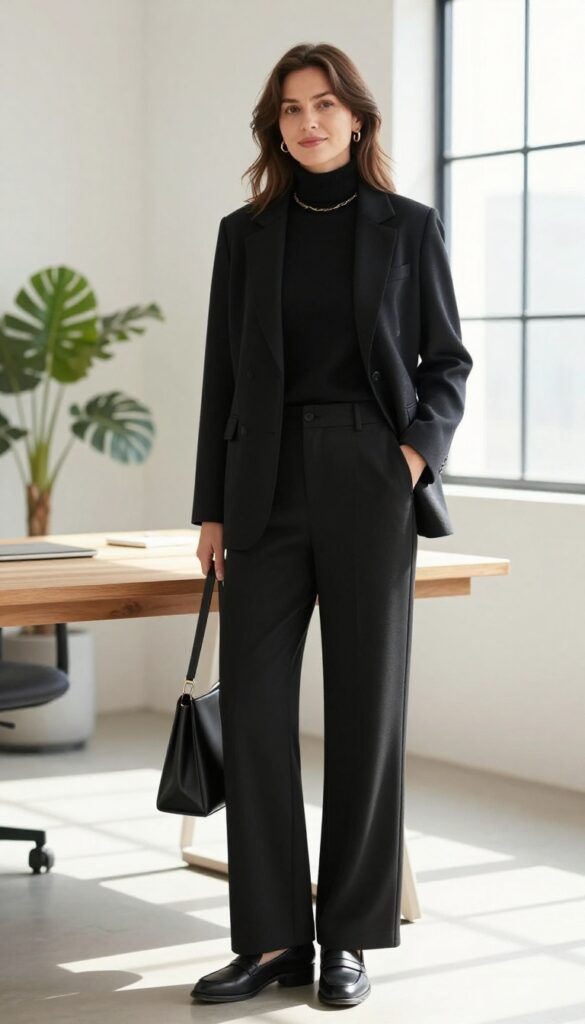 Mid-size woman wearing an all-black monochrome business casual outfit with layered textures: turtleneck, blazer, wide-leg trousers, and loafers, standing in a bright modern office.