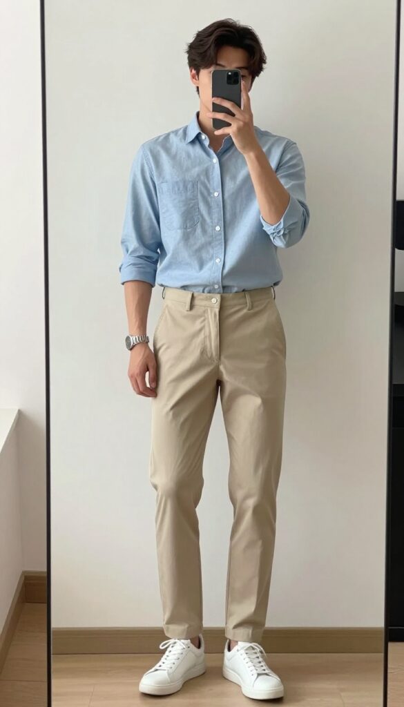 Man in light blue chambray shirt and slim beige trousers posing in mirror selfie, smart casual outfit.