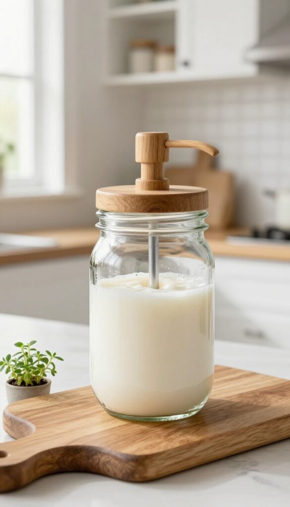 Mason jar with rustic wooden pump dispenser filled with white soap on kitchen counter