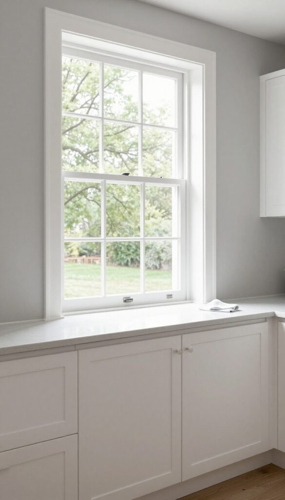 High-gloss white trim on window sill and baseboard in a bright kitchen with matte gray walls