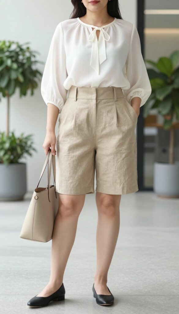 A woman wearing paperbag waist shorts and a relaxed blouse for a casual office summer outfit, styled with flats and a tote bag in natural light.