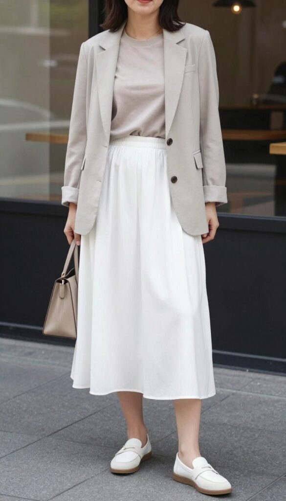 Woman wearing a long white skirt with a blazer and tee outfit, styled with loafers and a structured handbag in a bright natural light setting, showcasing a polished casual summer look.