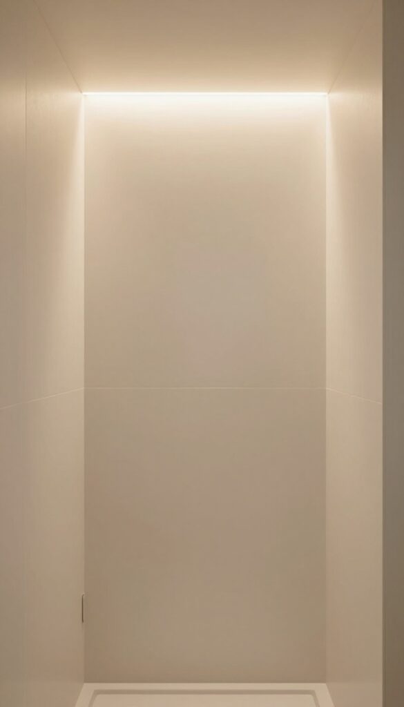 Small shower room with warm-tone LED strip lighting creating a cozy and spacious feel