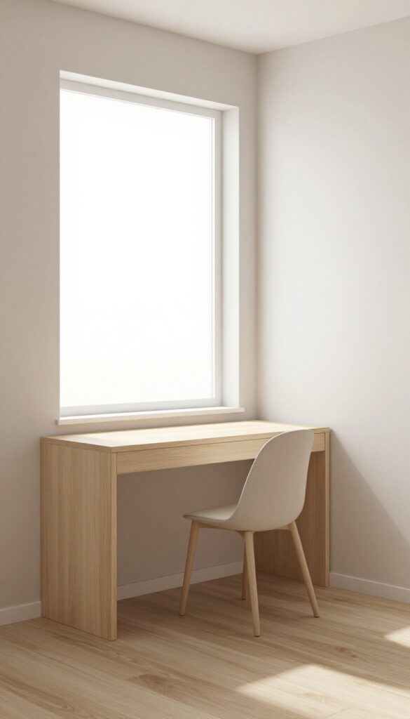 A minimal home office setup in a small spare bedroom with a slim wall-mounted desk and tucked-in chair, featuring bright natural light and clean decor to make the space feel open and functional