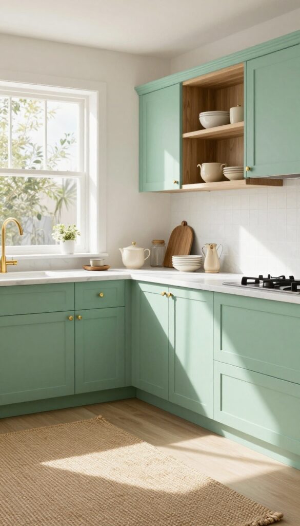 Seafoam green kitchen cabinets with brass hardware and natural wood accents in bright natural light