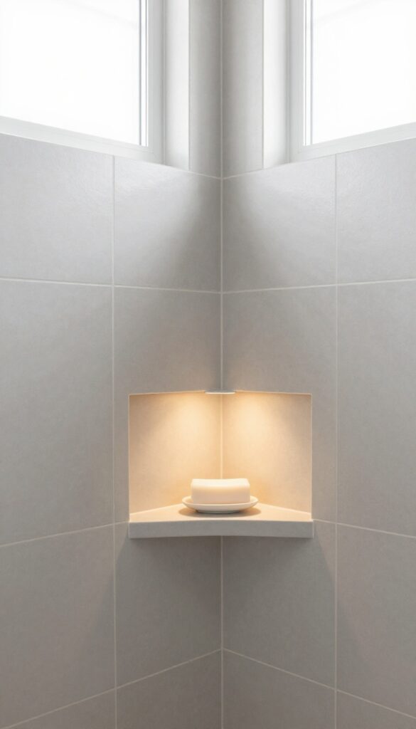 Corner shower niche in a basement bathroom with recessed storage and natural lighting.