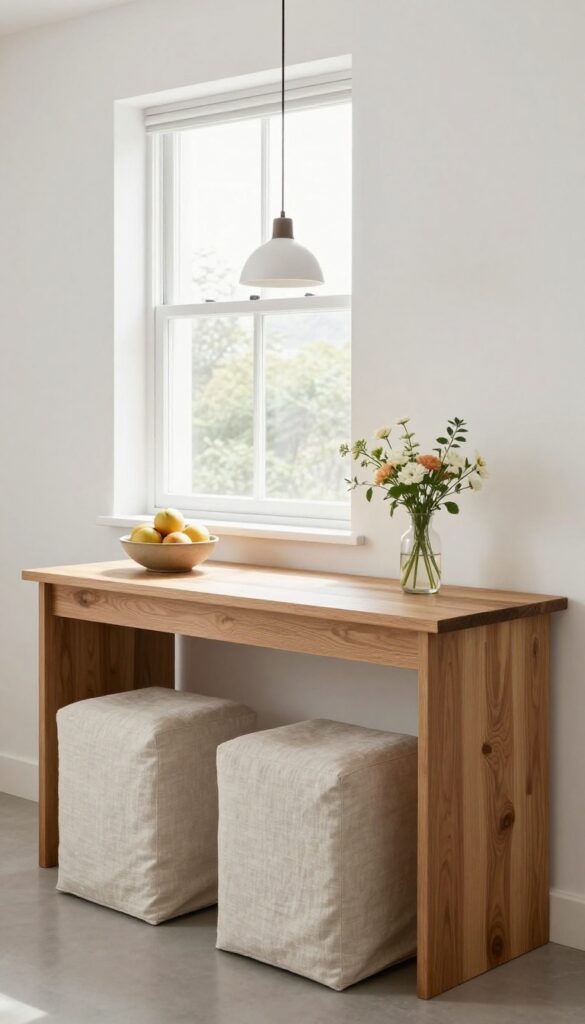 Slim console table doubling as a dining nook with stools and pendant light in a bright kitchen