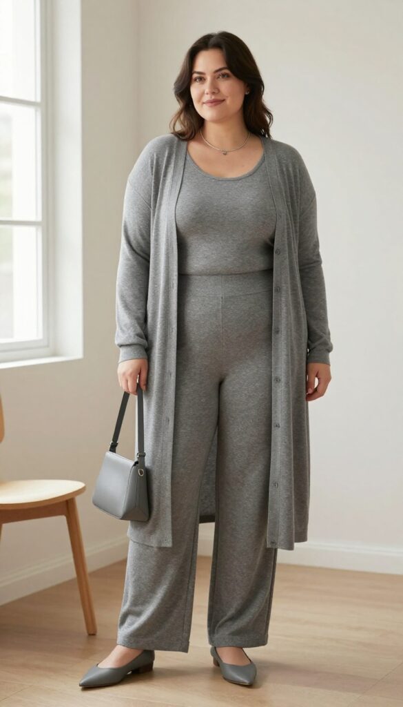 Plus-size woman wearing a monochrome gray layered outfit: long-sleeve top, long cardigan, wide-leg trousers, and flats, standing in natural light near a window.