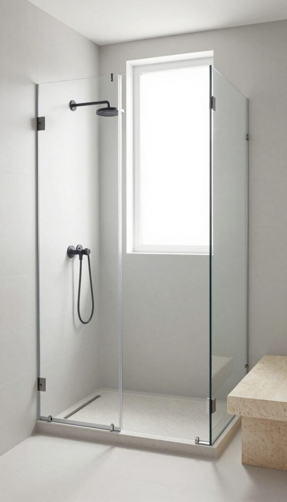 Minimalist glass shower enclosure with clean lines, frameless design, large-format gray tiles, natural stone bench, and matte black showerhead in a bright bathroom.
