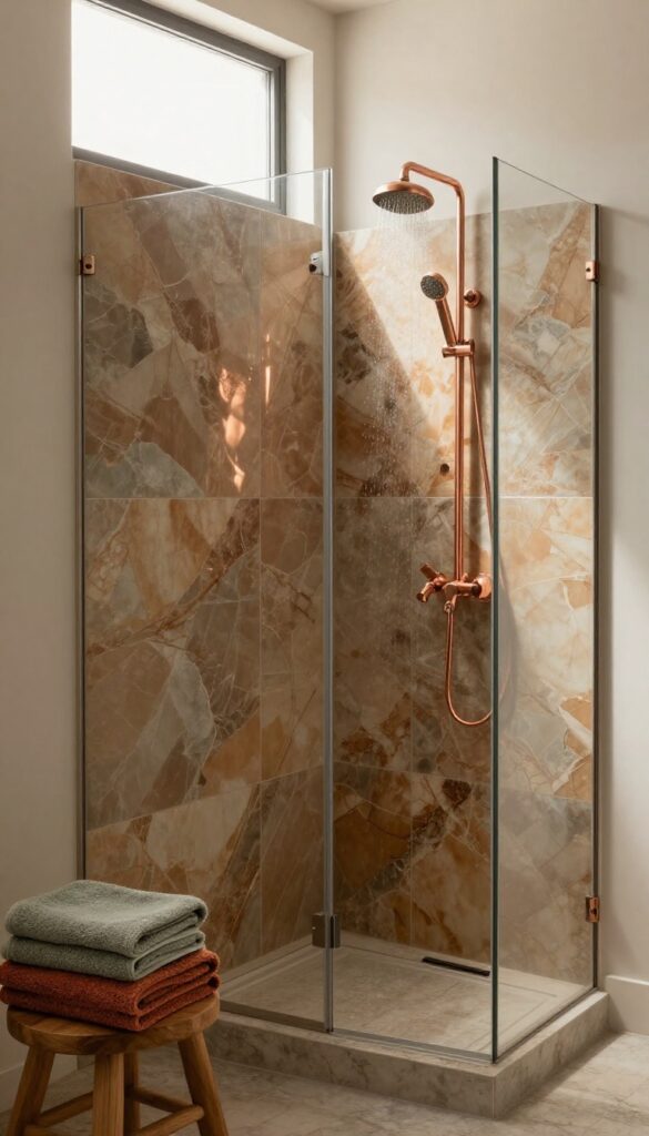 A walk-in shower with dark onyx tiles and warm copper fixtures in natural light, styled with earthy towels and wood accents for a luxurious bathroom retreat.