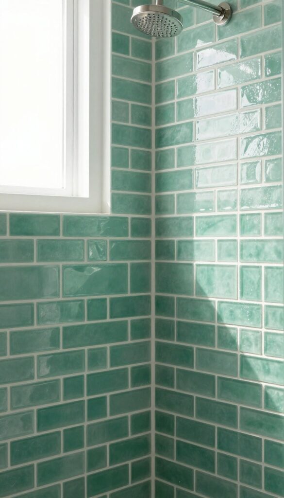 Seafoam green glass subway tiles in a shower with natural light creating shimmering reflections