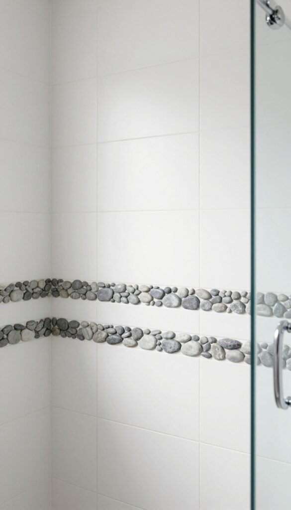 Small shower with large white tiles and a thin horizontal river rock mosaic strip at the waterline, natural light, photorealistic