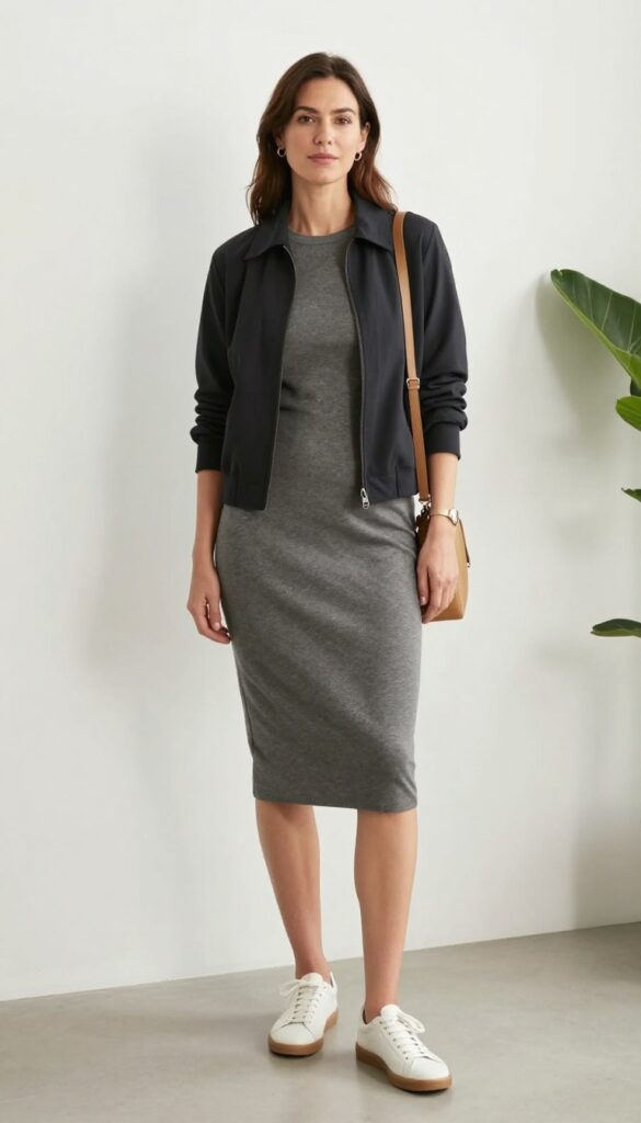 A woman wearing a fitted charcoal knit midi dress, a lightweight olive jacket, and clean white sneakers, standing in a bright office setting with a plant.