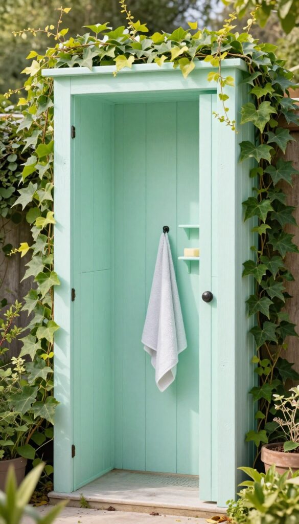 Outdoor shower privacy screen made from repurposed doors painted in soft pastels with climbing vines, set in a bright garden with natural light.