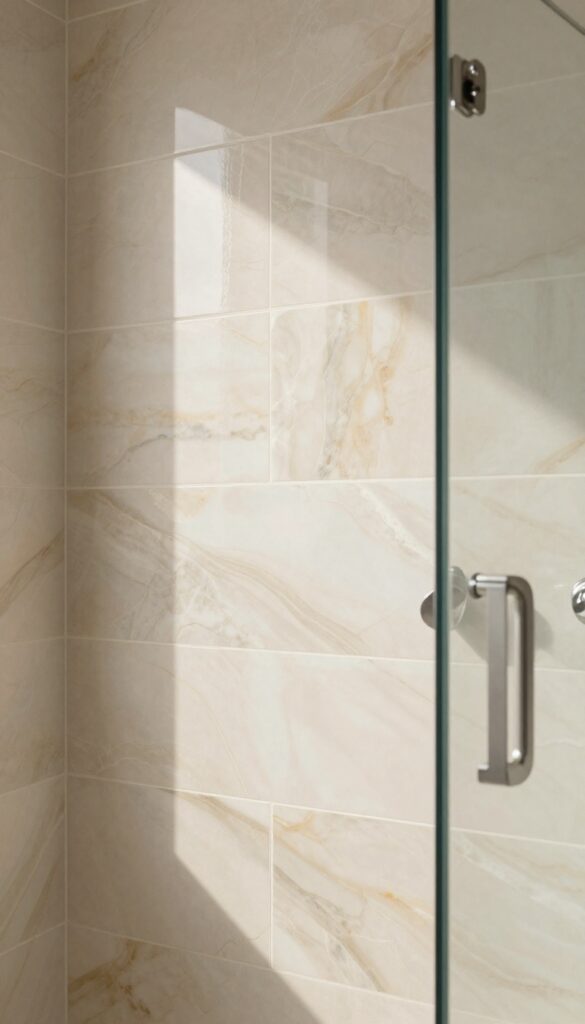 Textured onyx tiles in a walk-in shower with natural light highlighting patterns and depth.