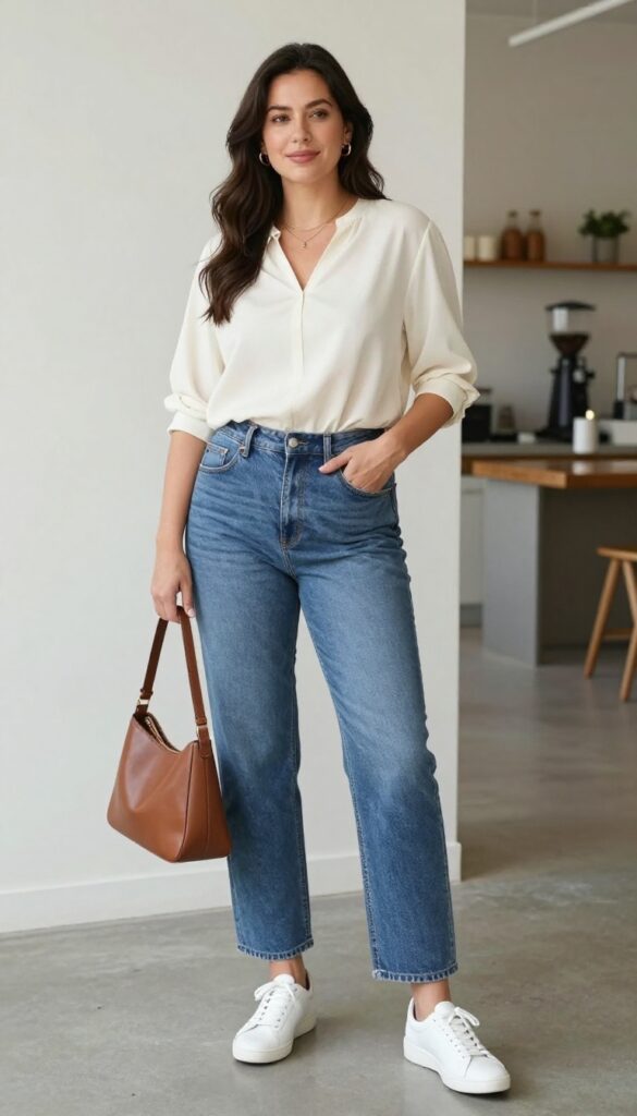 A midsize mom wearing high-waisted straight-leg jeans and a relaxed cream blouse with a front tuck, paired with neutral sneakers and a brown crossbody bag, standing in a bright urban setting.