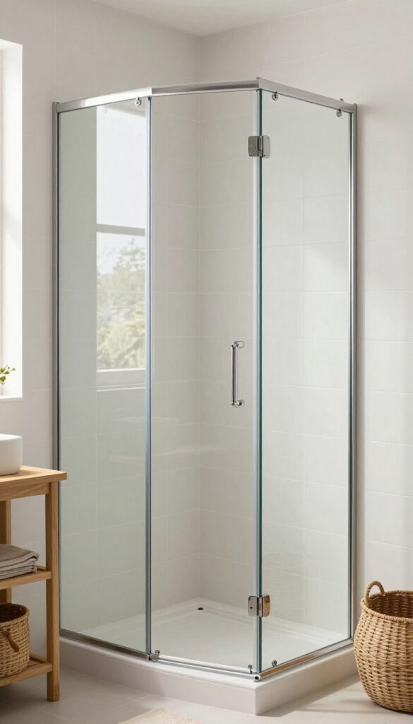A small bathroom shower enclosure with light-colored tiles in soft white and pale gray, reflecting natural light to create an airy and inviting space, featuring clear glass, chrome fixtures, wooden shelves, and woven baskets.