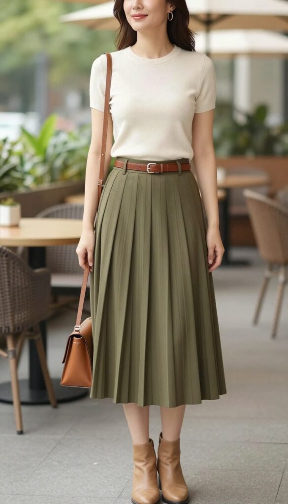 A woman wearing a fitted cream knit top and olive green pleated midi skirt with tan ankle boots and a crossbody bag, standing at an outdoor café.