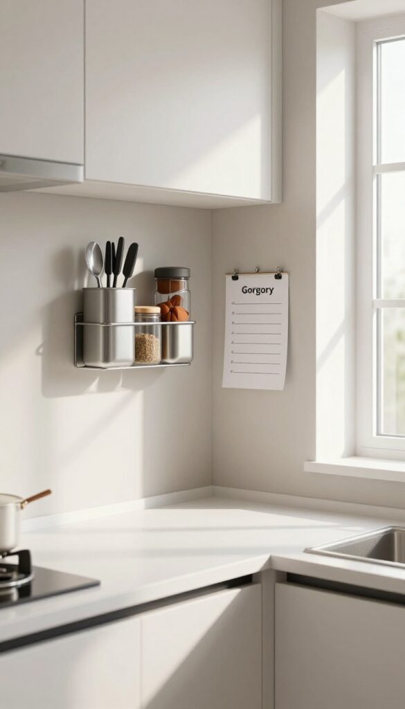Kitchen wall with magnetic paint under neutral top coat holding spice jars, knife strip, and note