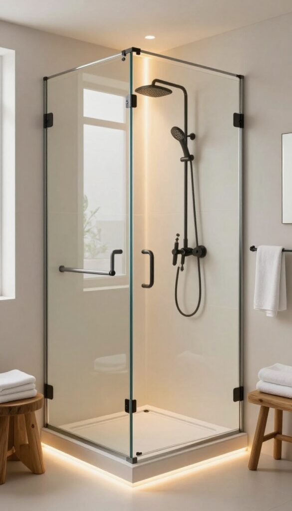 A bathroom with ambient lighting around a frameless glass shower, featuring warm LED strips in a niche and behind the panel for a relaxing atmosphere.