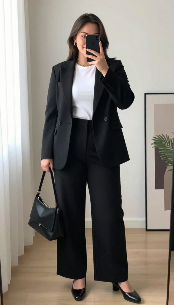 Plus-size woman in tailored black blazer and wide-leg trousers, taking a mirror selfie in bright natural light.