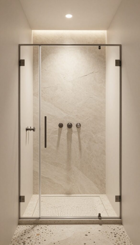 A close-up view of pebble floor tiles in a walk-in shower, with natural light highlighting their textured surface and creating a calming, spa-like atmosphere.