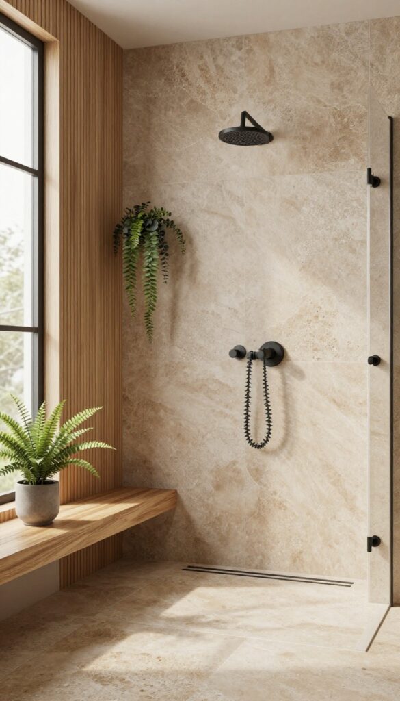 A bright shower with warm stone pebble flooring, wood walls, a teak bench, matte black fixtures, and trailing greenery.