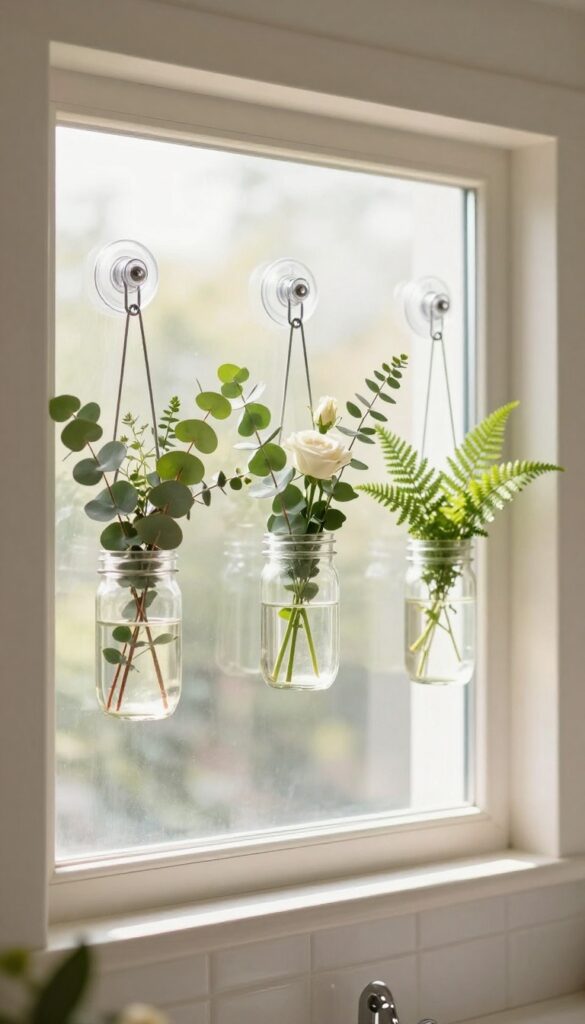 Mason jar vases hanging on a shower window with fresh greenery and flowers, soft natural light.
