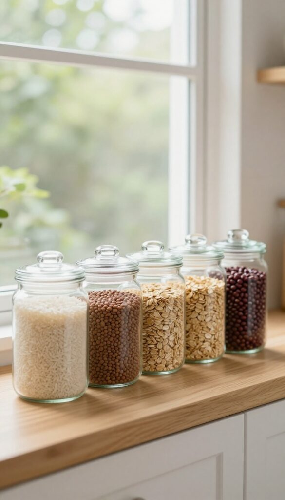 Stackable glass jars filled with dry goods on an open kitchen shelf, neatly arranged in natural light.