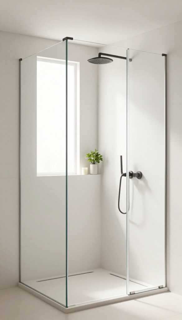 Mirrored backsplash in a modern shower reflecting light and space