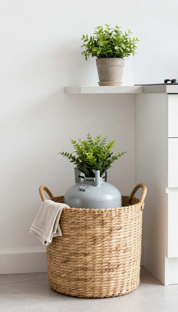 Open shelf with woven basket covering a gas cylinder, styled with tea towel and plant on top