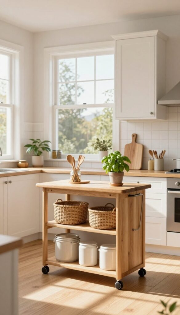 A bright kitchen with a wooden rolling cart used as extra prep space, holding a cutting board, utensils, and a potted herb, with woven baskets on lower shelves.