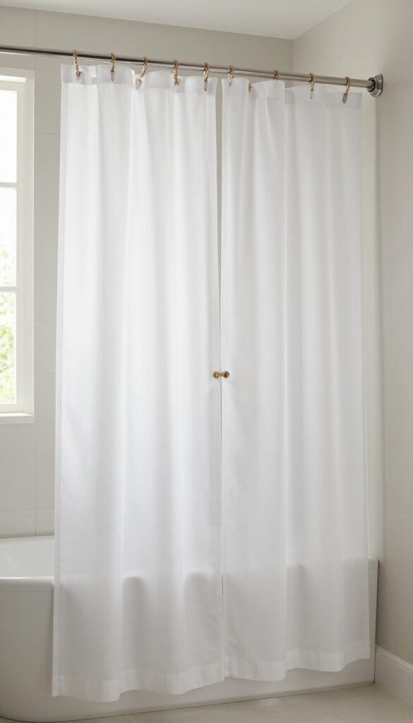 A bright, photorealistic bathroom photo showing double shower curtains tied back with jute twine to keep the tub visible and the room open.