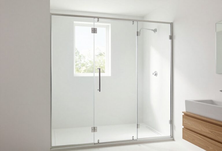 Modern bathroom with a frameless glass shower door, showcasing sleek design and natural light in a clean, minimalist setting.