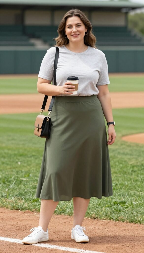 A woman wearing a flowy midi skirt and fitted tee at a baseball field, looking relaxed and stylish.