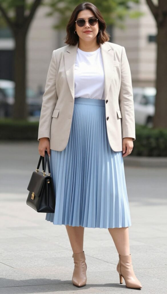 A woman wearing a pleated midi skirt and tailored blazer outfit for summer, styled with heels and a structured handbag in a bright urban setting, showcasing a polished yet wearable look for fashion inspiration.