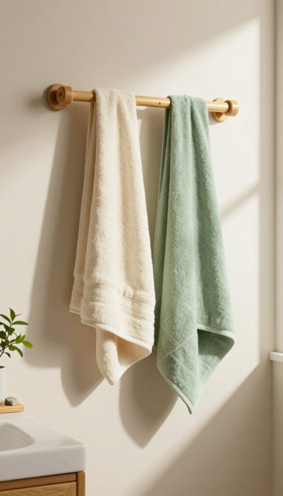 Bamboo towel rack in a bright bathroom with cream and sage green towels, leafy plant, and natural stone accents.
