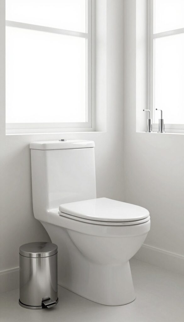 A stylish stainless steel pedal trash can with soft-close lid in a bright, modern bathroom setting.