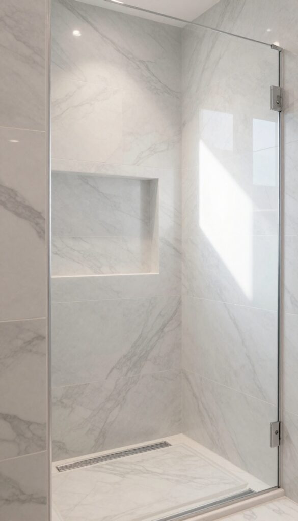 Seamless large tile walk-in shower with built-in shelving