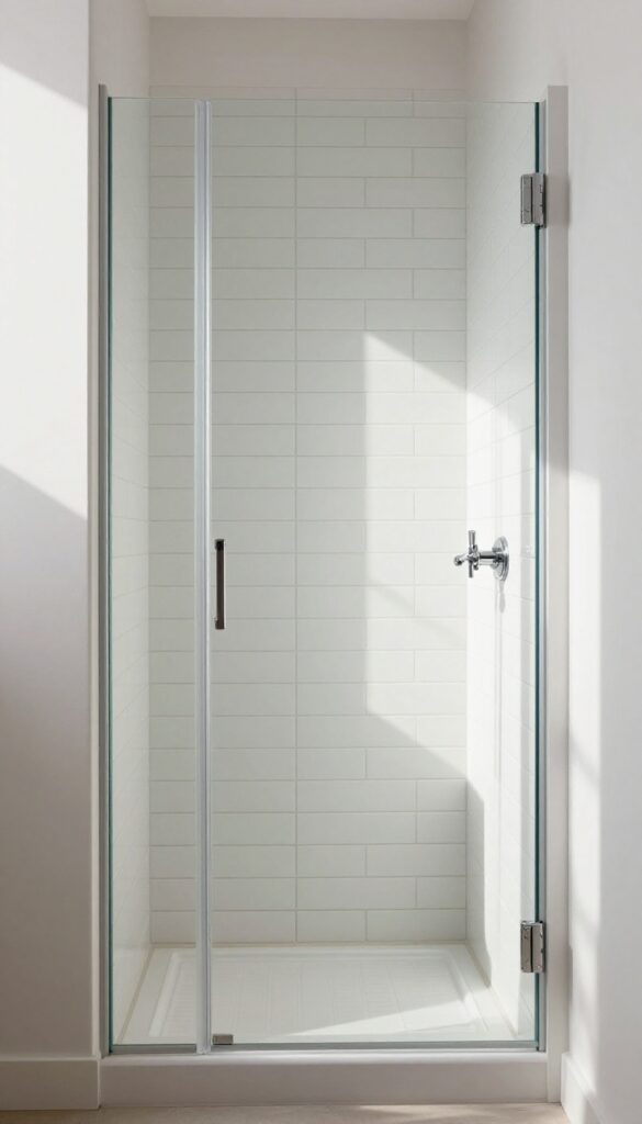 Narrow stacked tile shower with horizontal linear pattern in small alcove