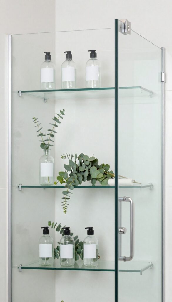 Modern bathroom shower with integrated open shelving in glass screen, displaying bottles and plants