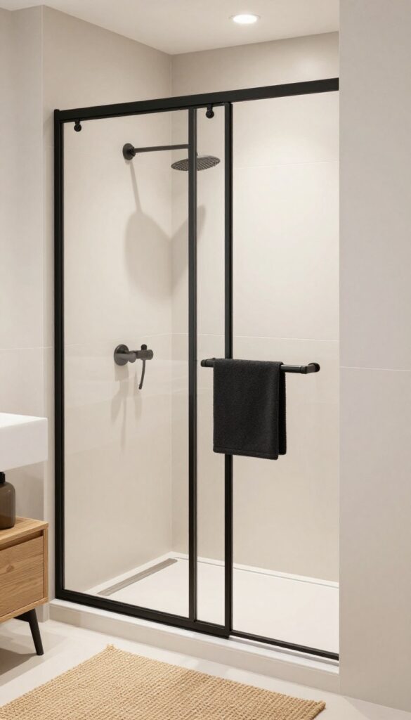 A small shower with a black-framed sliding door in a bathroom featuring light tiles and natural textures, showcasing modern style and space-saving design.