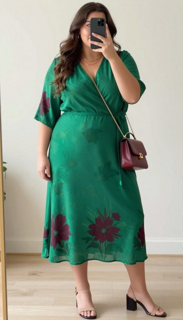 Plus-size woman in a midi wrap dress with block heels, taking a mirror selfie, showcasing a classy brunch outfit