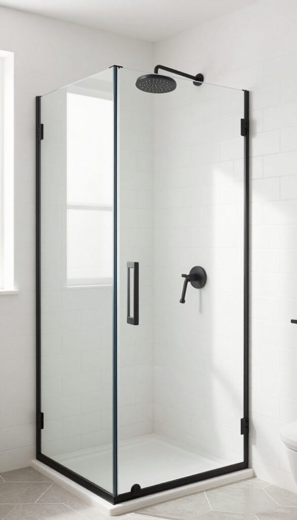 Neo angle shower with matte black fixtures and white tiles