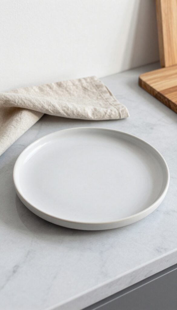 Neutral backdrop kitchen photoshoot with white wall and gray countertop, featuring a plated dish and subtle textured elements like linen napkin and wood cutting board.