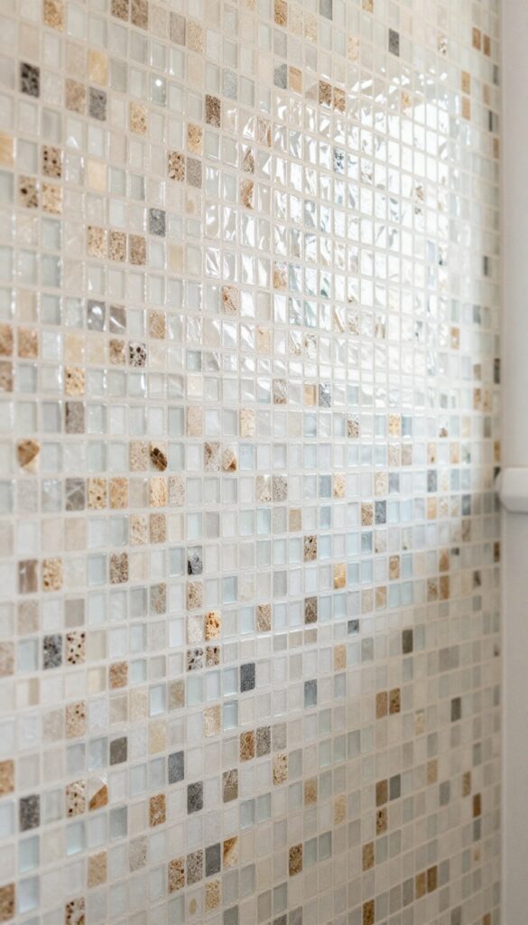 Glass and stone blend mosaic shower wall with glossy glass squares and raw stone chips in earthy tones, natural light.